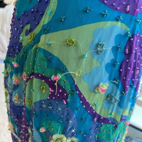 Vintage Cache Turquoise 🦋 Purple Lime Beaded Sequin Cocktail Dress Sz 12 Halter - Picture 13 of 16